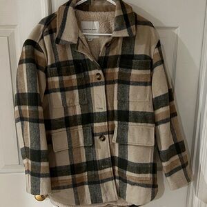 American Eagle Tan and Black Plaid Teddy Jacket